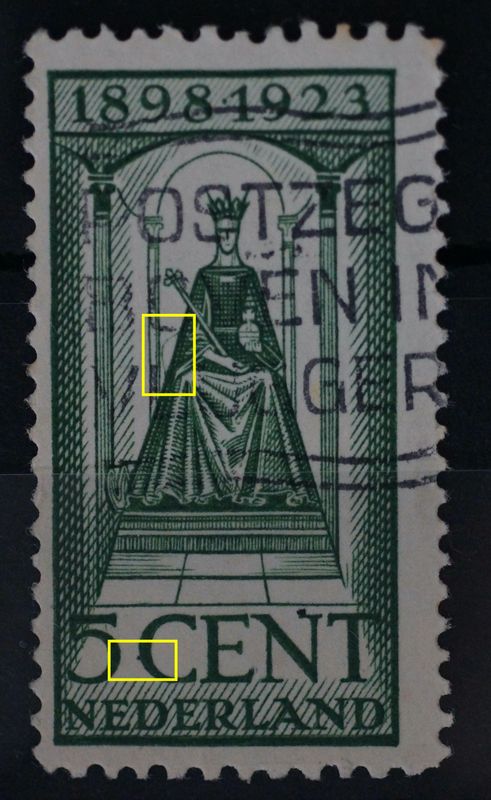 NVPH  122 - groene gebogen krasaan de rechterzijde van de koningin en groene punt aan de C van CENT
