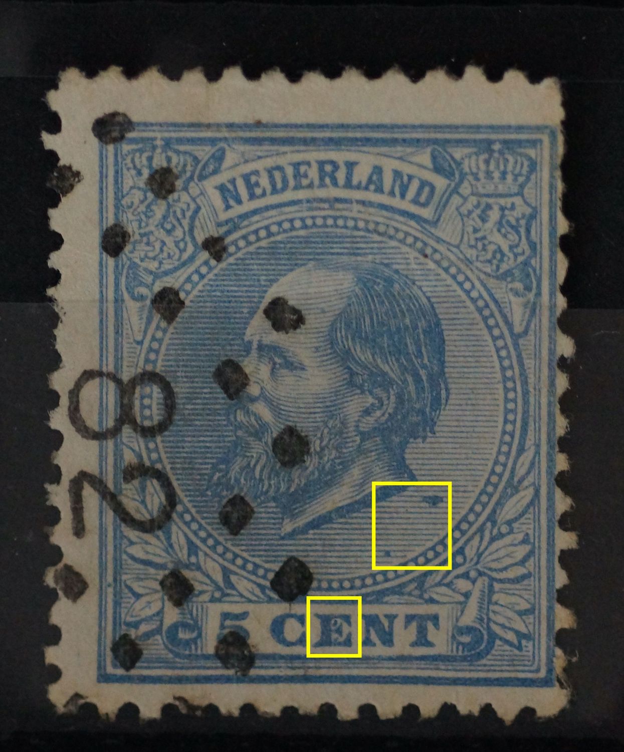 NVPH  19 - o.a. blauwe vlekken in de E van CENT en in arcering rechtsonder