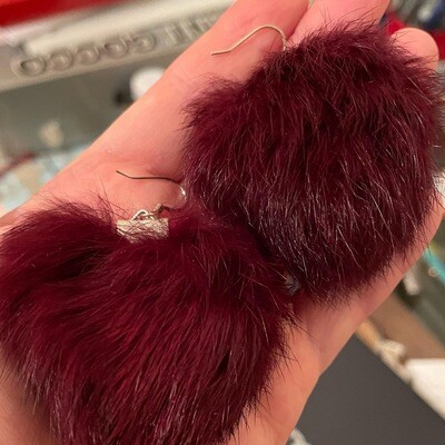 Maroon Rabbit Fur Pom Pom Earrings