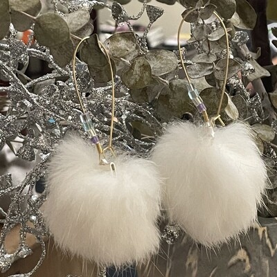 Single White Rabbit Fur Pom Pom Earrings