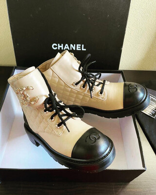 Chanel Beige & Black Lambskin Quilted CC Combat Boots