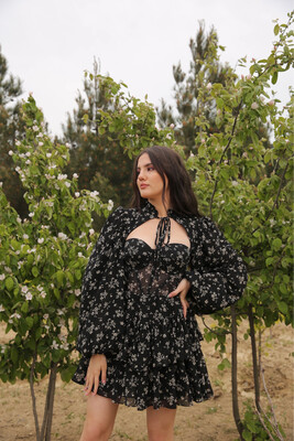 Black floral print corset dress.