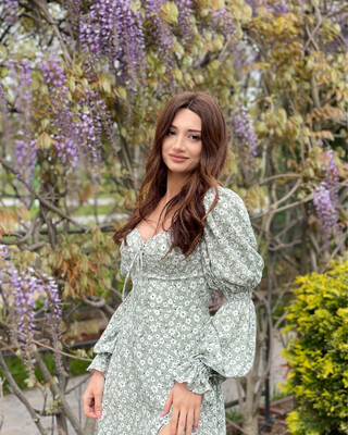 Green floral print split midi dress.