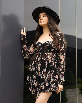 Floral print corset dress.