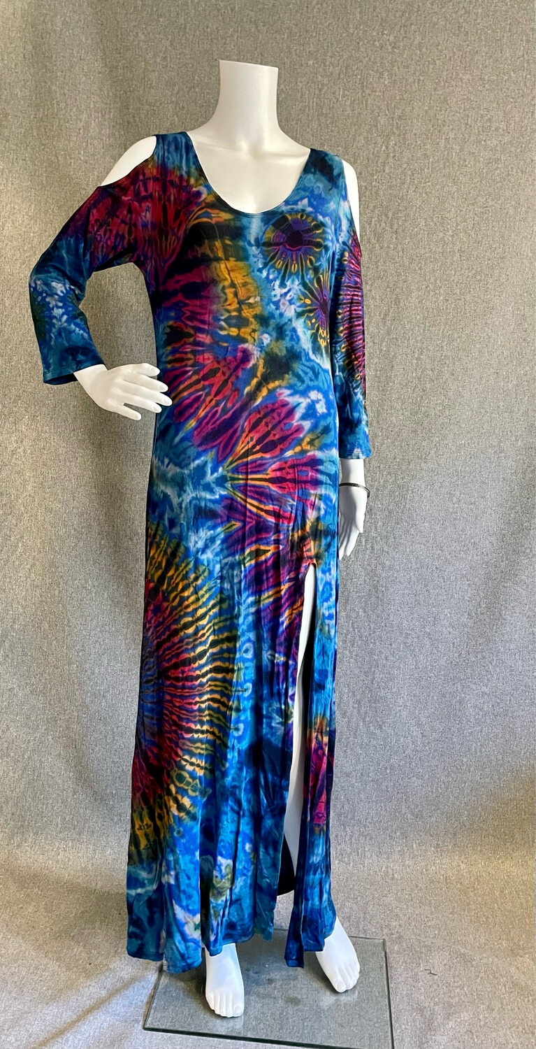 Tie- Dyed Long Sleeve Maxi Dress with Shoulder Cut-Outs