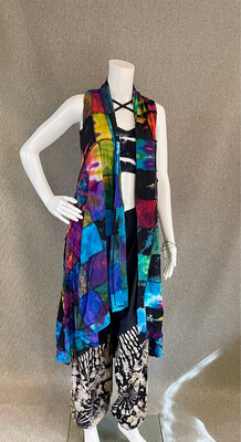 Tie-Dyed Patchwork Long Vest With Pockets