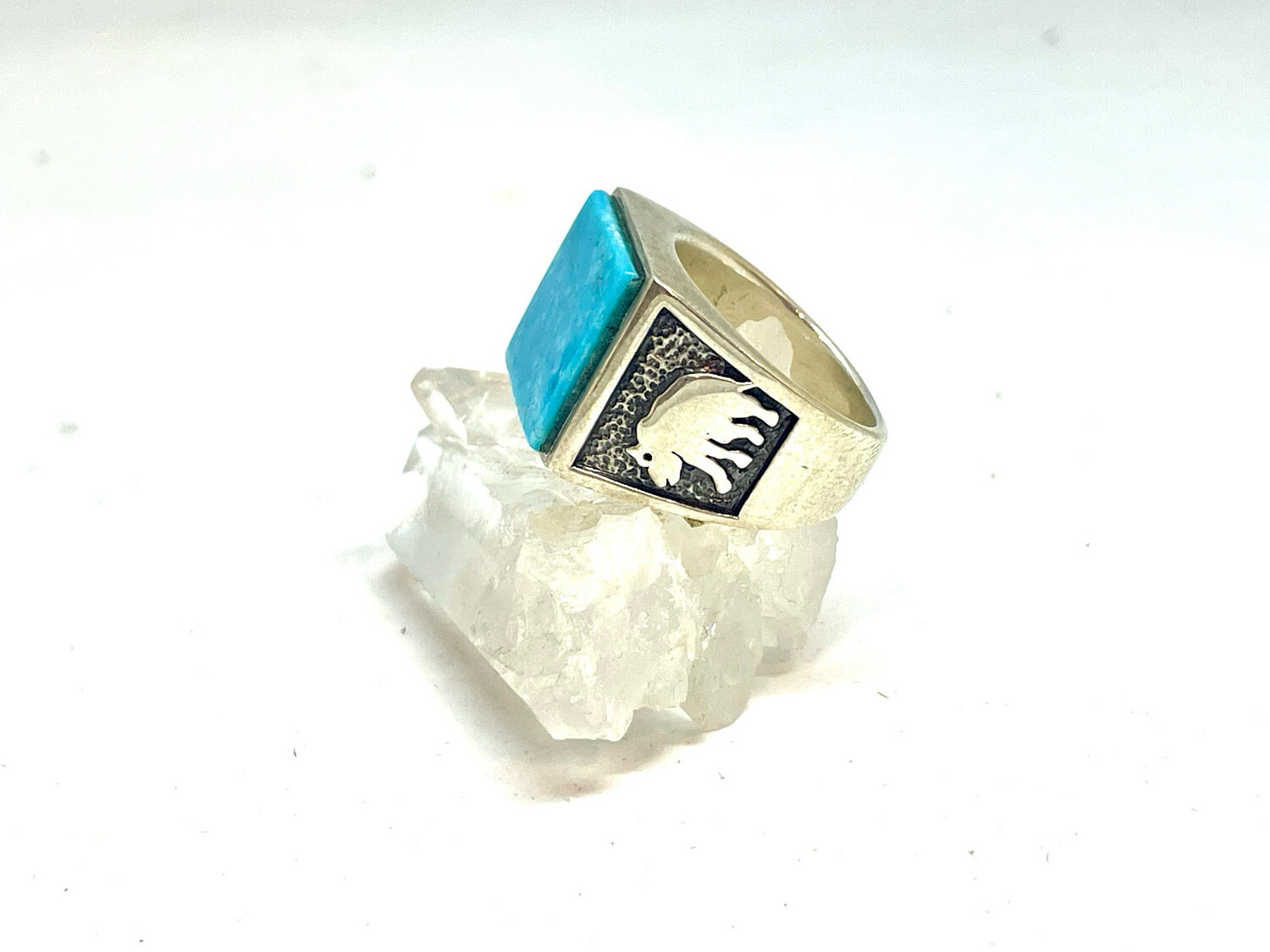 Sterling Silver Navajo/Southwest Style Turquoise Ring with Buffalo/Bison and Bear Claw Size 8