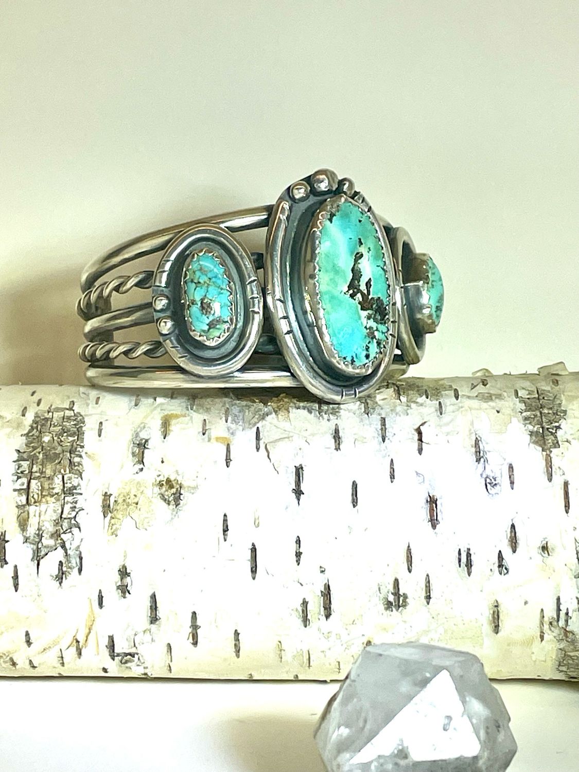 Triple Turquoise Cuff Bracelet Sterling Silver Vintage Handmade Navajo