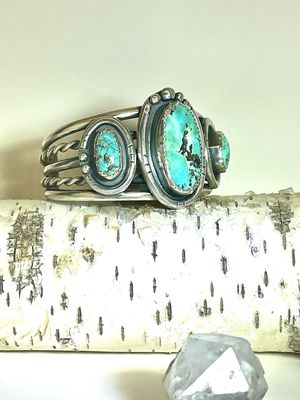 Triple Turquoise Cuff Bracelet Sterling Silver Vintage Handmade Navajo