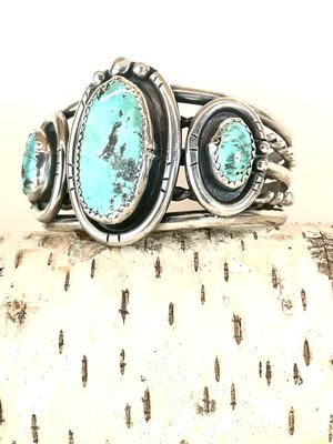 Triple Turquoise Cuff Bracelet Sterling Silver Vintage Handmade Navajo