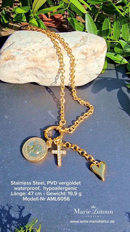 Kette "Münze-Herz-Kreuz" aus Edelstahl, vergoldet