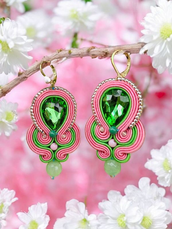 Soutache Ohrringe Jadegrün-Rosa Soutache Ohrringe Jadegrün-Rosa