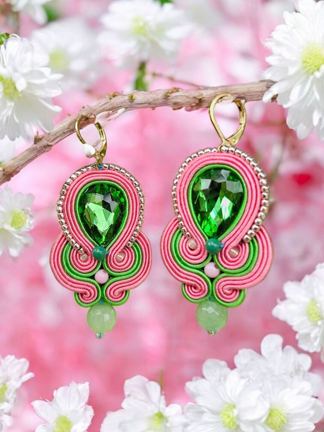 Soutache Ohrringe Jadegrün-Rosa