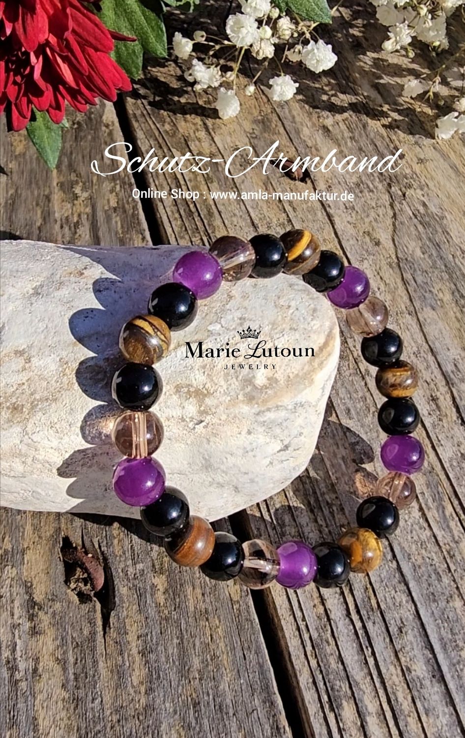 Schutzarmband Amethyst, Obsidian, Tigerauge, Rauchquarz