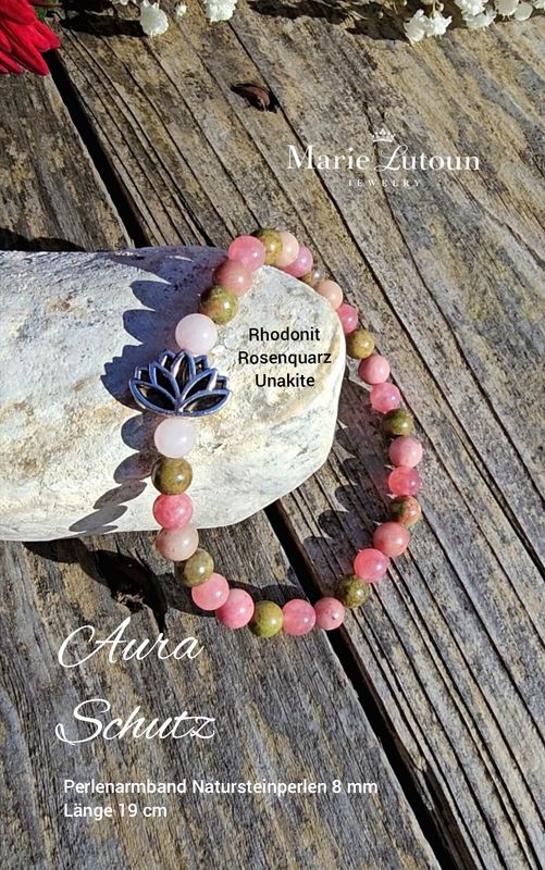 Herz Aura Schutzarmband mit Rhodonit, Rosenquarz, Unakite Herz Aura Schutzarmband mit Rhodonit, Rosenquarz, Unakite