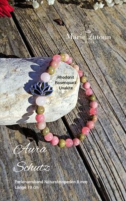 Herz Aura Schutzarmband mit Rhodonit, Rosenquarz, Unakite 