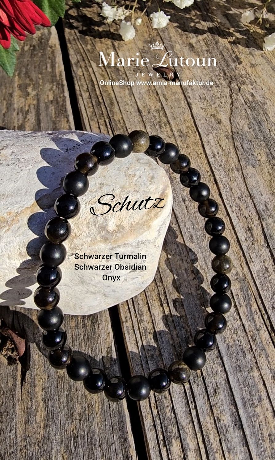 3fach Schutzarmband mit schwarzen Turmalin, Obsidian & Onyx