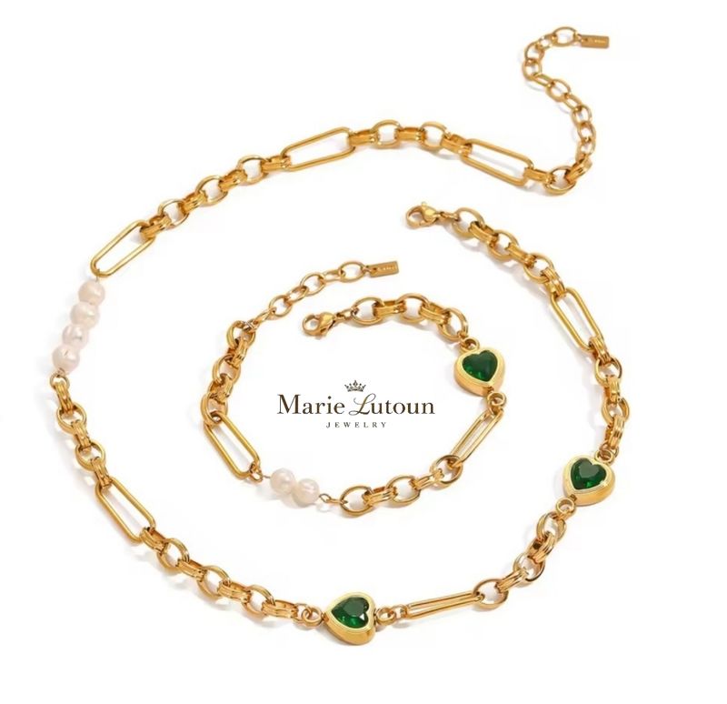 Schmuckset Smaragd-Zirkon-Herz mit Perlen Schmuckset Smaragd-Zirkon-Herz mit Perlen