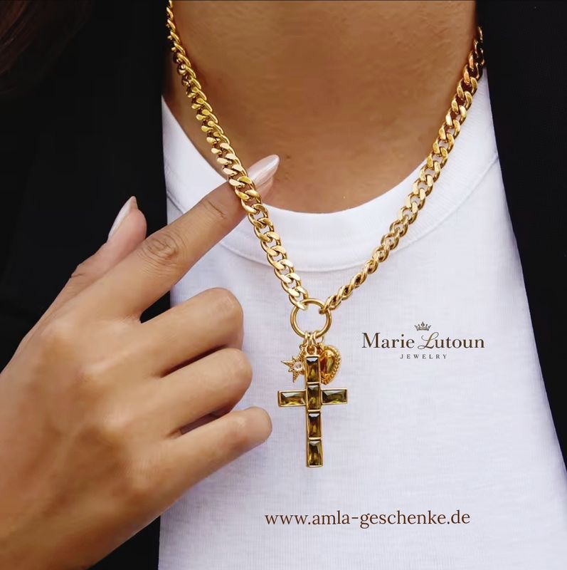 Kette "Kreuz mit Herz" aus Edelstahl, vergoldet