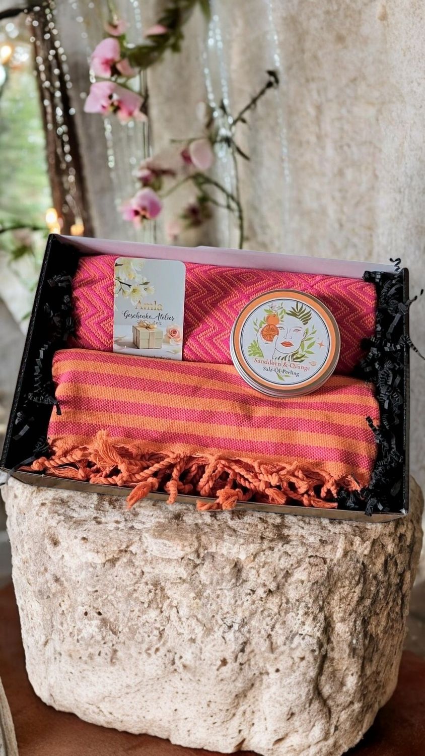 Wellness Geschenkset Sunset Sorbet mit Sanddorn Peeling.