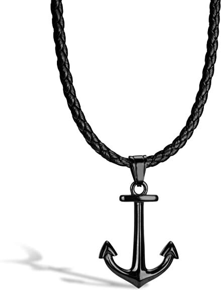 SERASAR - Leder Halskette für Herren mit Anhänger Anker [Anchor] schwarz -  mit Schmuckschachtel - Geschenkidee für Männer