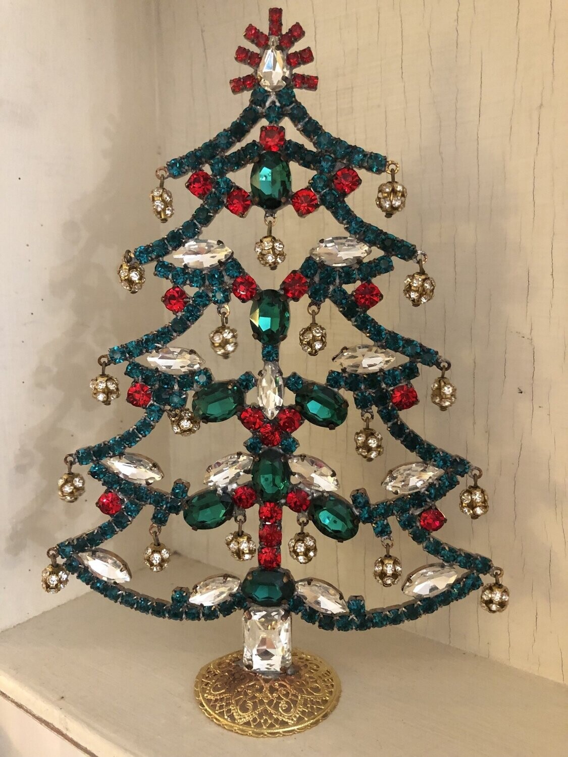 Handmade Glass Christmas Tree Green & Red with Baubles