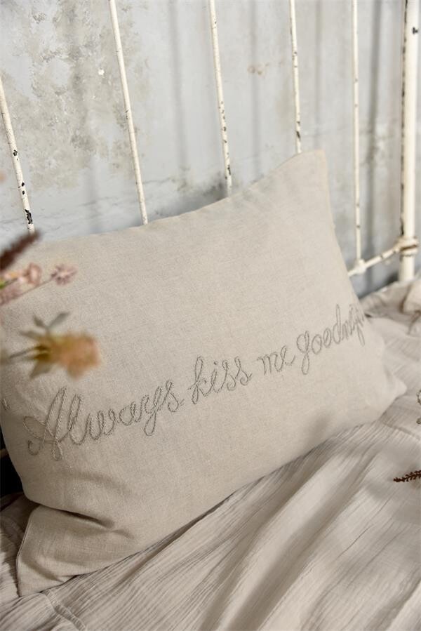 Large Rustic Linen Embroidered Cushion Cover Kiss Me Goodnight