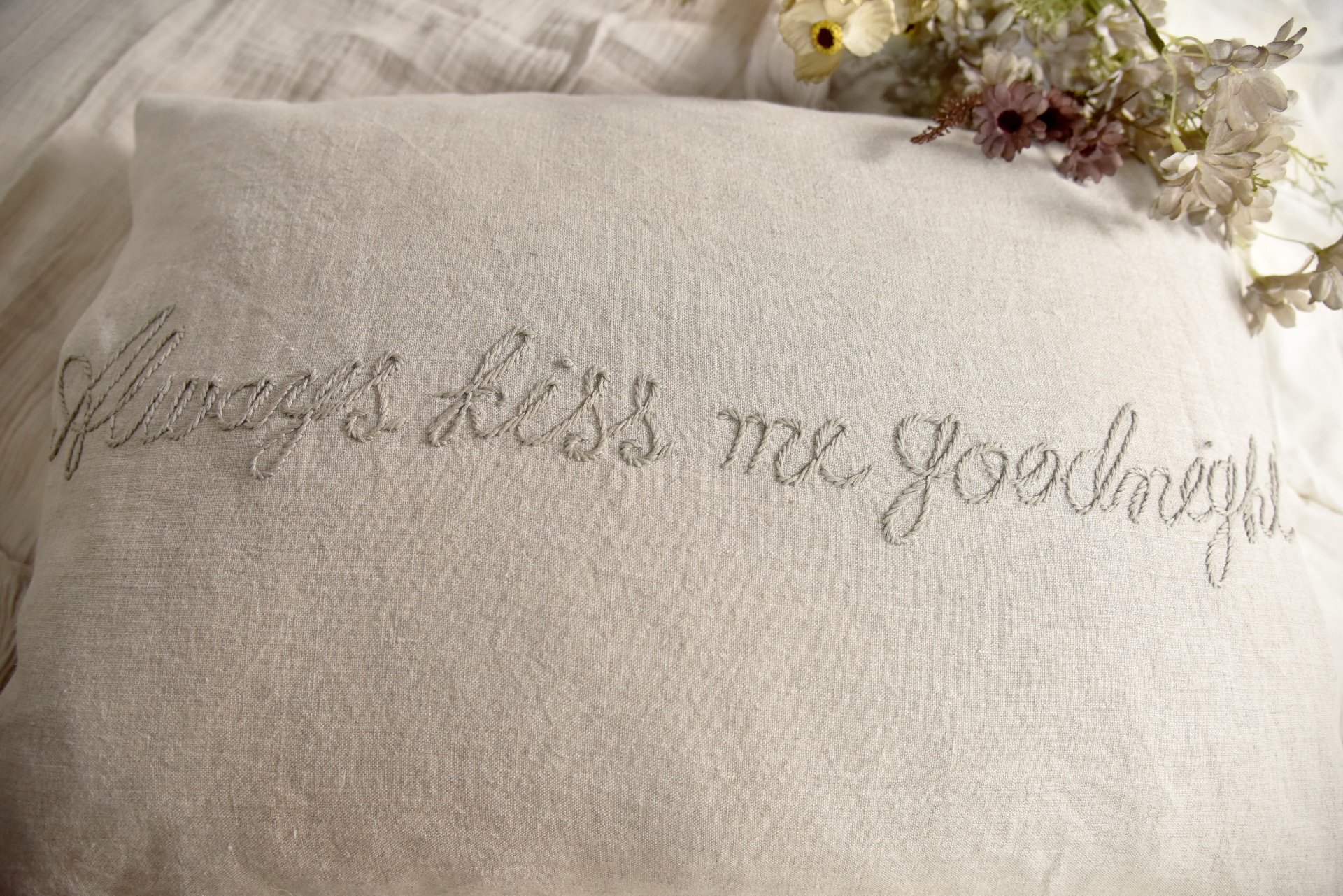 Large Rustic Linen Embroidered Cushion Cover Kiss Me Goodnight