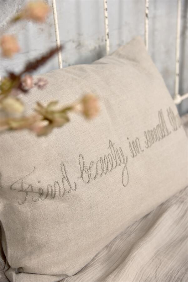 Large Rustic Linen Embroidered Cushion Cover Find Beauty in Small Things