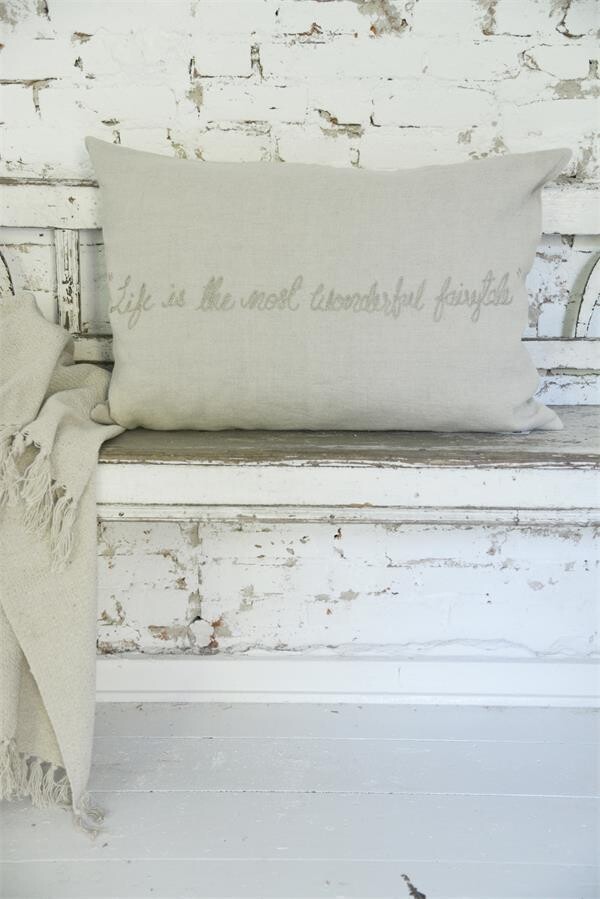 Large Rustic Linen Embroidered Cushion Cover Life is the Most Wonderful Fairytale