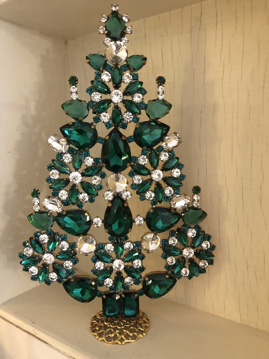 Handmade Glass Christmas Tree Tall Emerald & Clear Snowflake Design