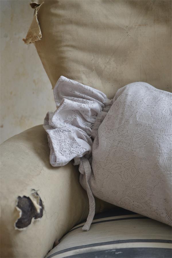 Lace Bolster Cushion Cover with Gathered Ties Pale Grey/Beige