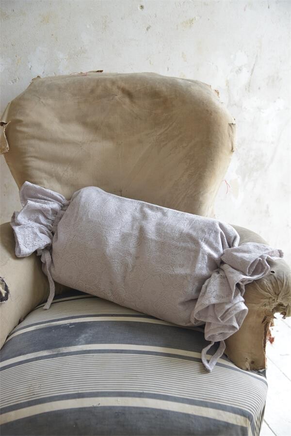 Lace Bolster Cushion Cover with Gathered Ties Pale Grey/Beige