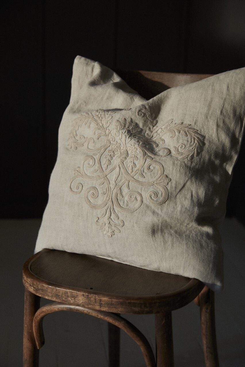 Femme Facon Linen Embroidered Cushion Natural Rectangle