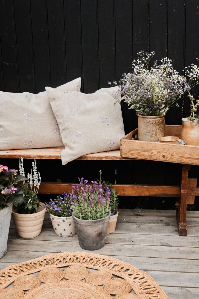 Femme Facon Linen Embroidered Rosemoor Cushion Cover Natural Rectangle