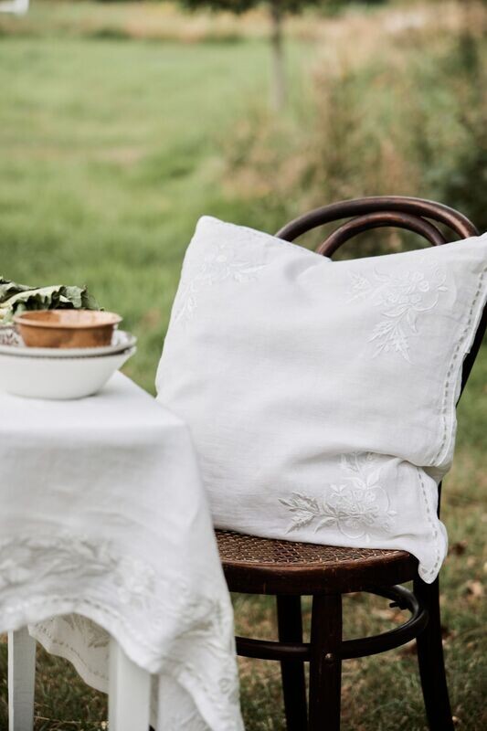 Femme Facon Linen Rose Embroidered Cushion White Square