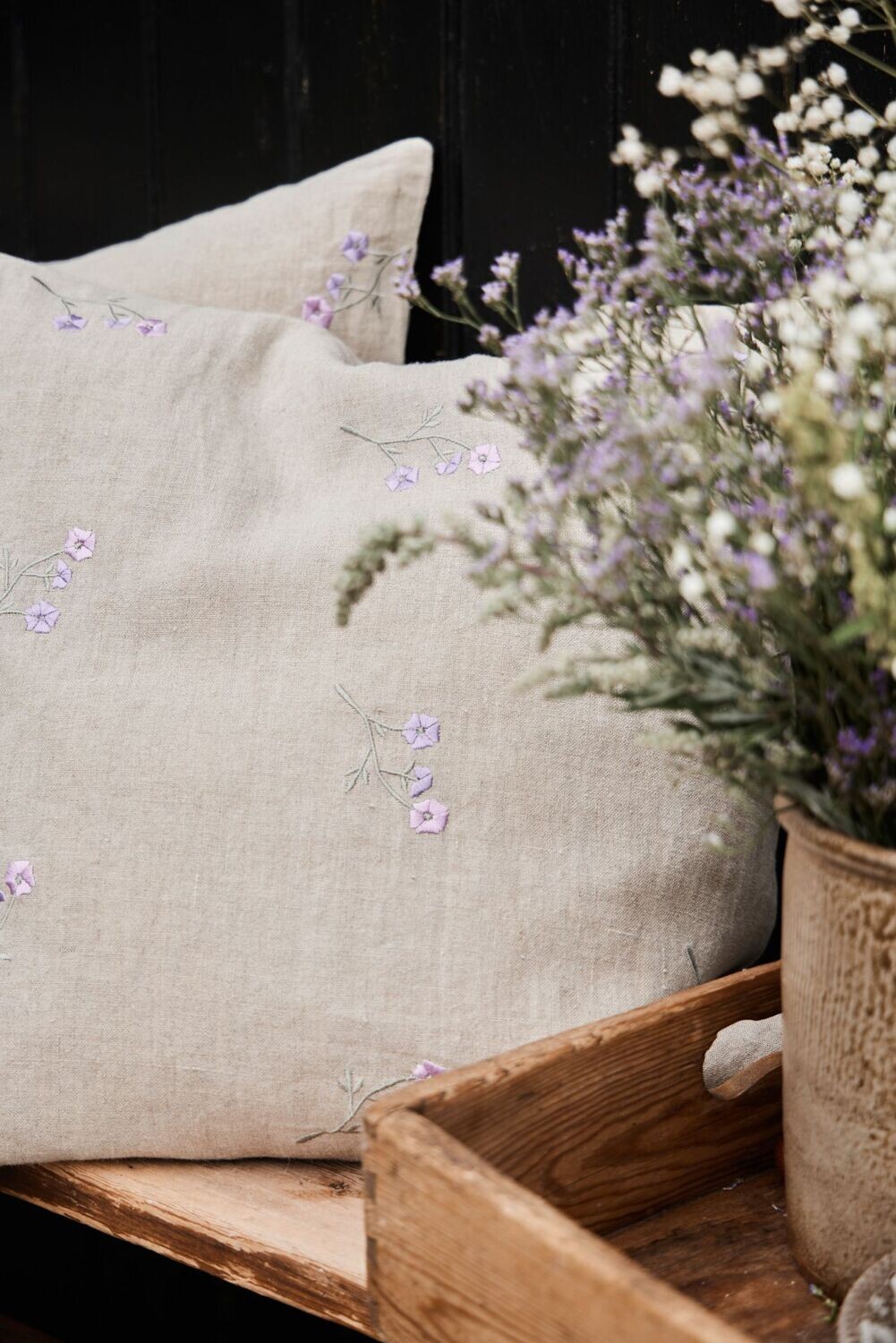 Femme Facon Linen Embroidered Rosemoor Cushion Cover Natural Rectangle