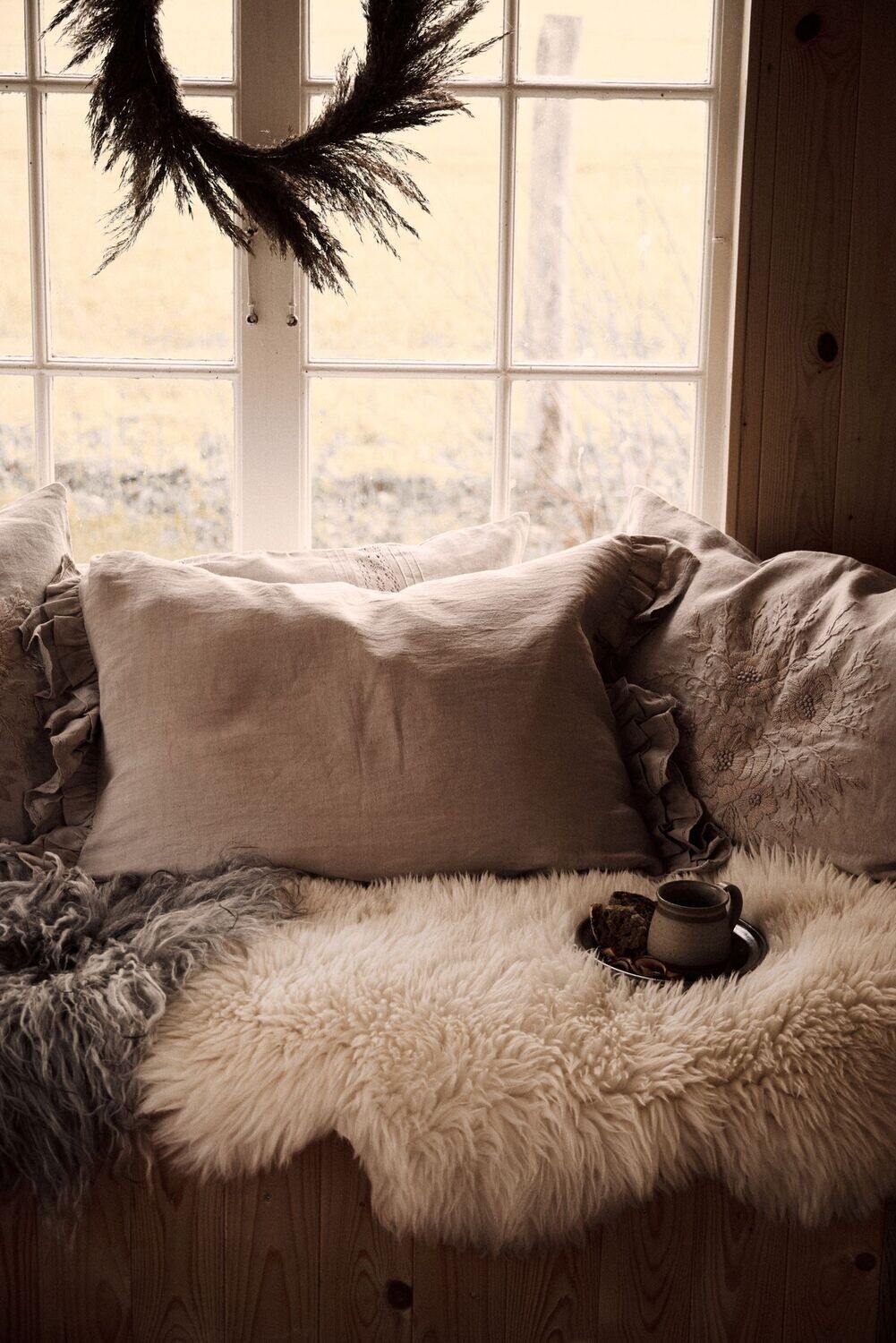 Femme Facon Linen Ruffle Cushion Natural Rectangle