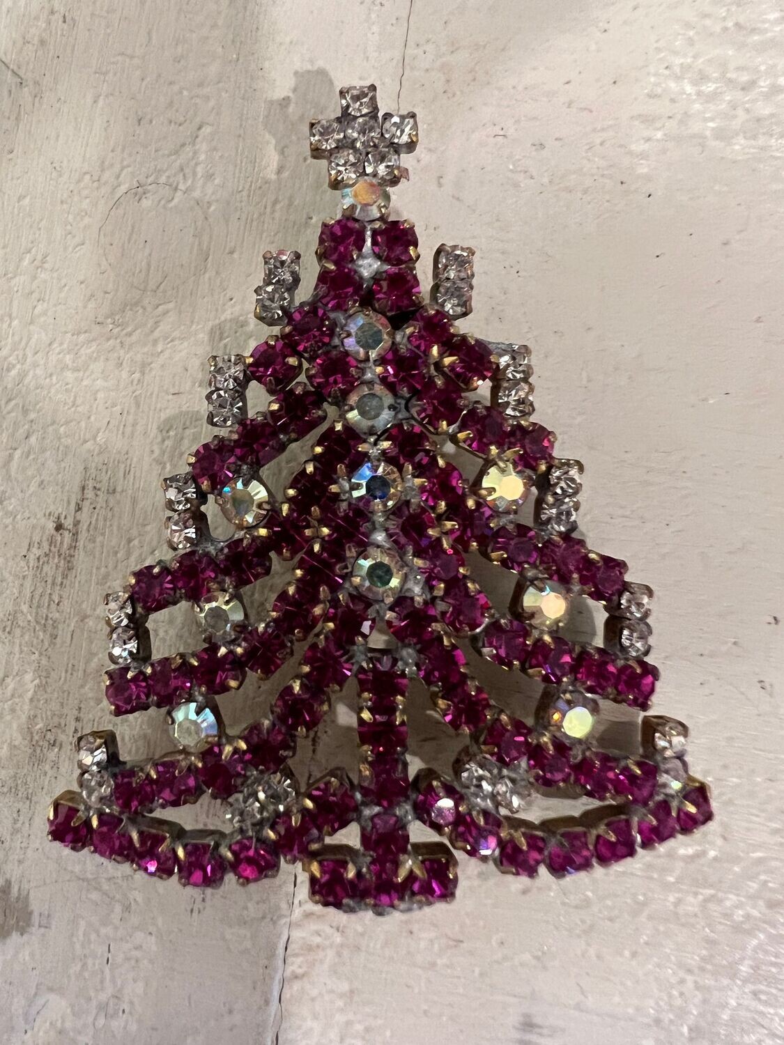 Crystal Christmas Tree Brooch Deep Pink & Aurora Borealis