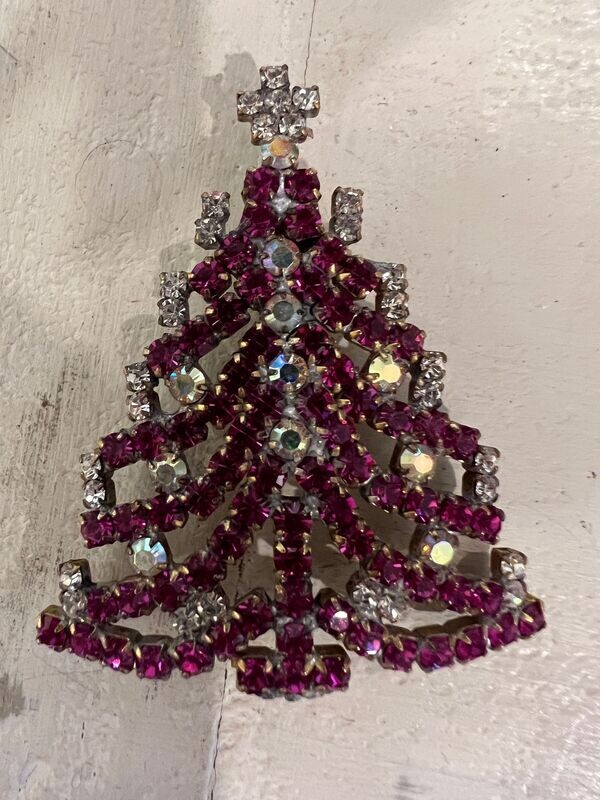 Crystal Christmas Tree Brooch Deep Pink & Aurora Borealis