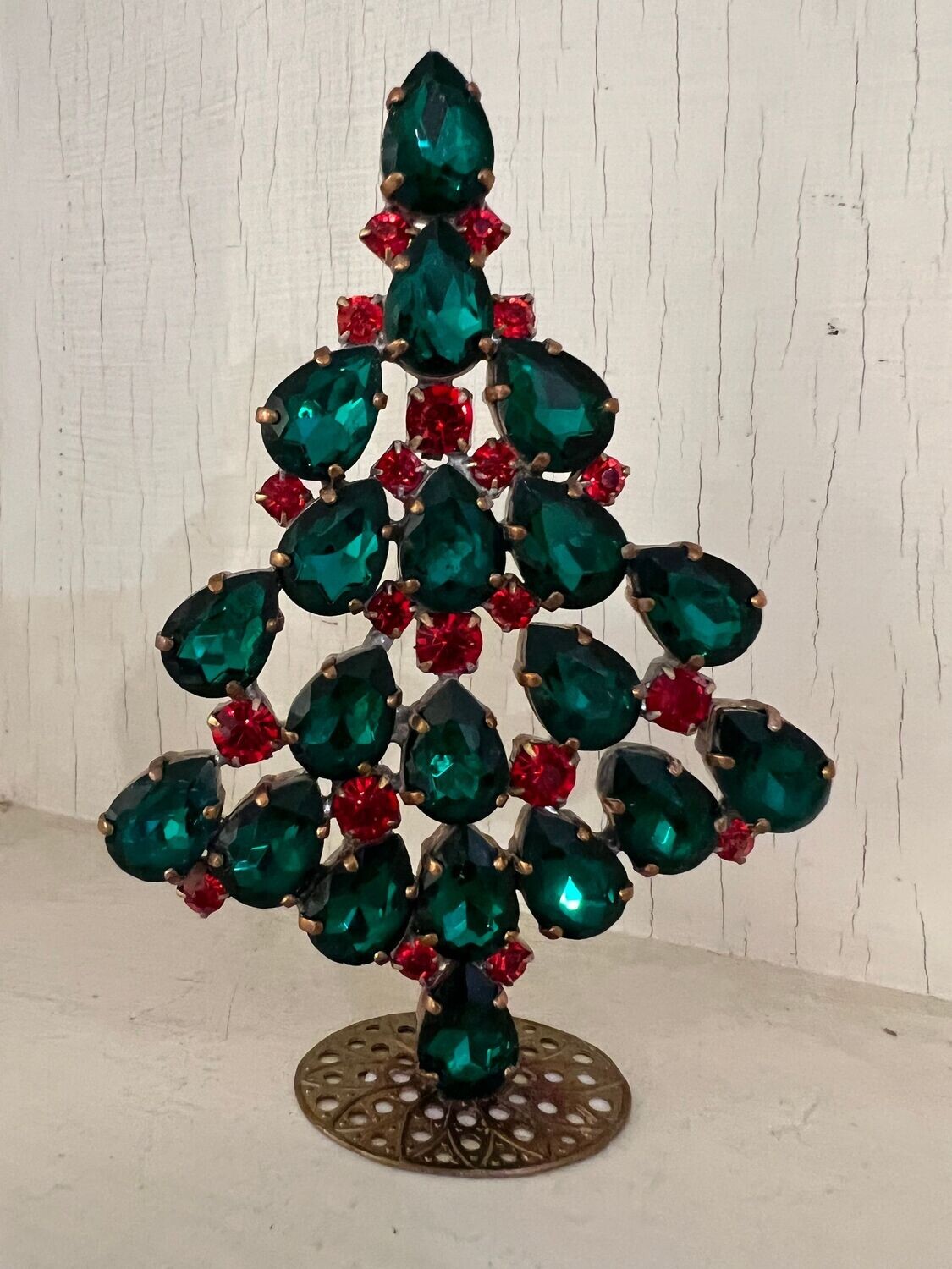 Handmade Glass Christmas Tree Dark Green Pear Stones