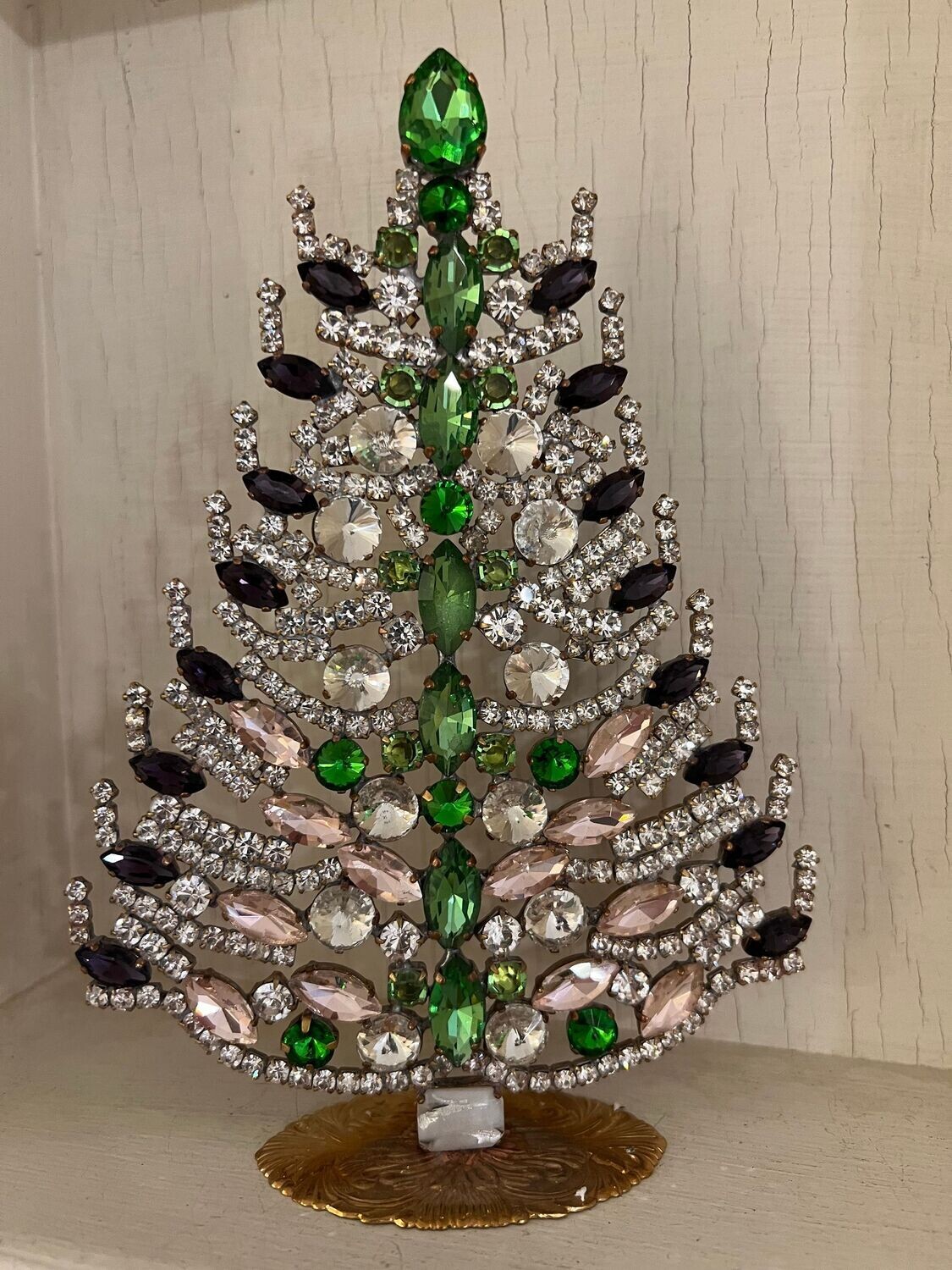 Handmade Glass Christmas Tree Clear Pink, Green & Amethyst