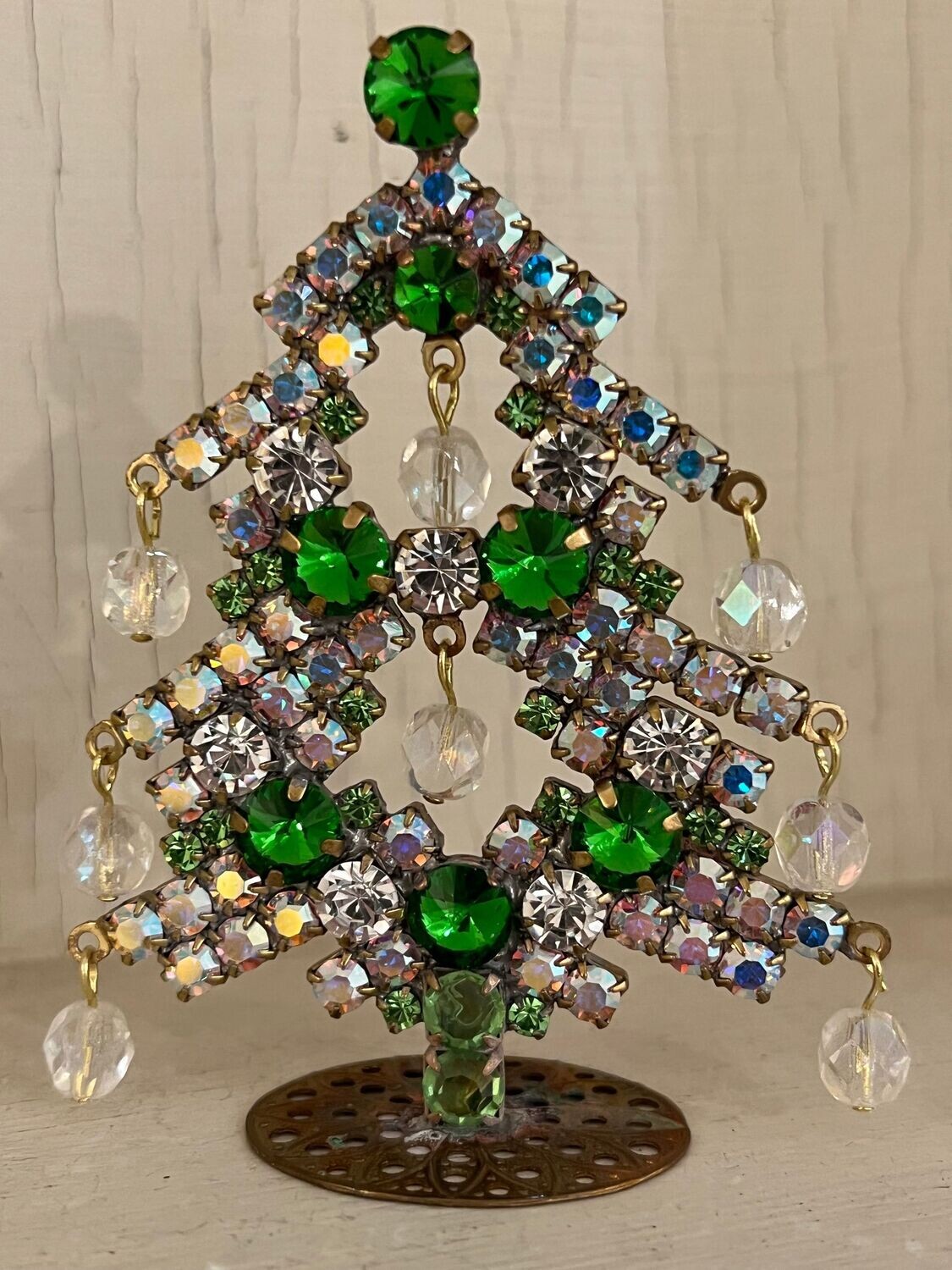 Handmade Glass Small Christmas Tree Green Aurora Borealis with Baubles