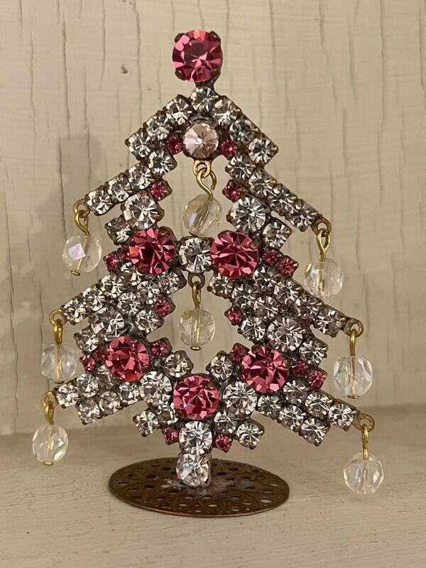 Handmade Glass Small Christmas Tree  Pink & Clear with Baubles