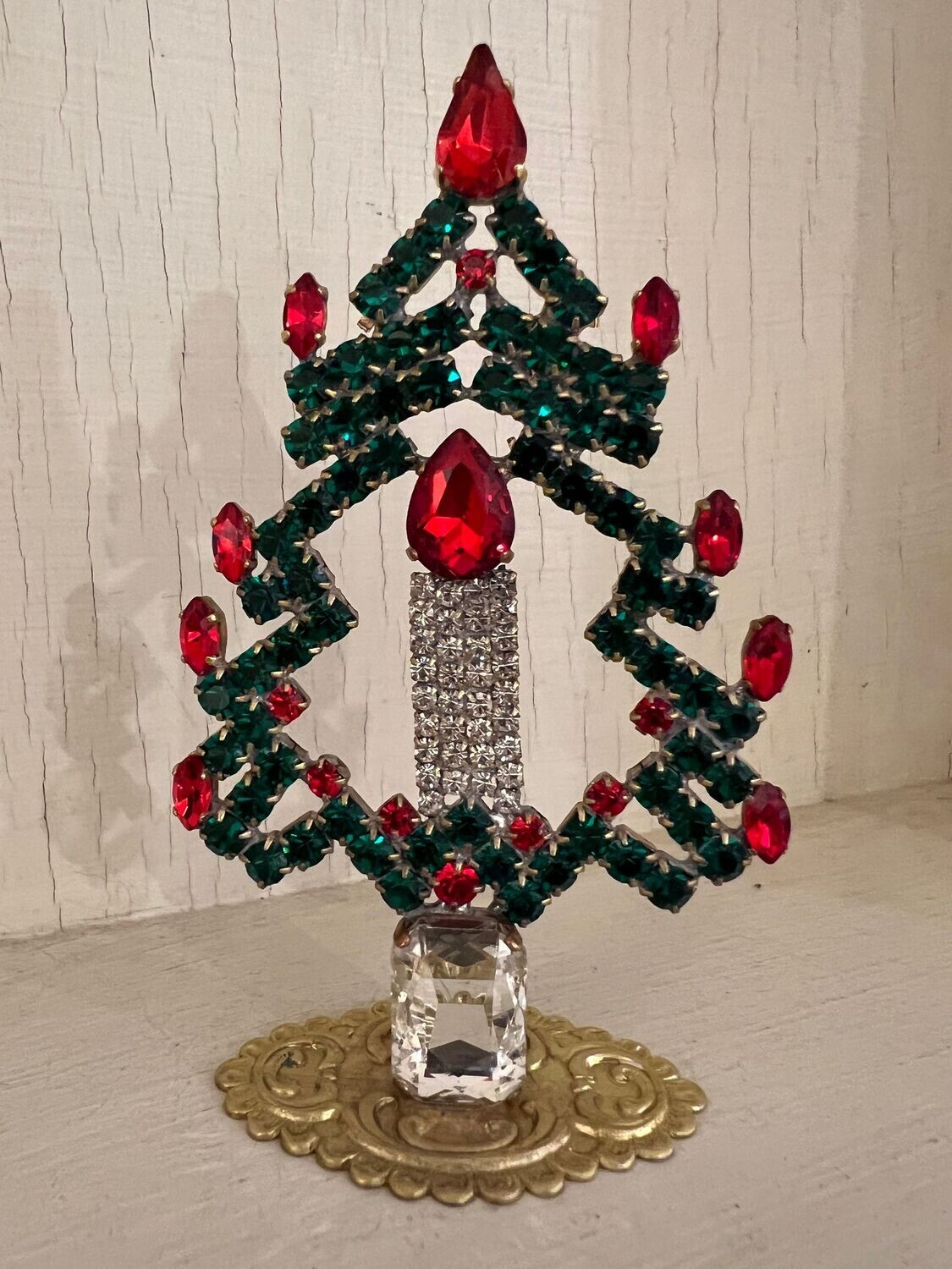 Handmade Glass Christmas Tree and Candle Decoration Small Green Clear & Red