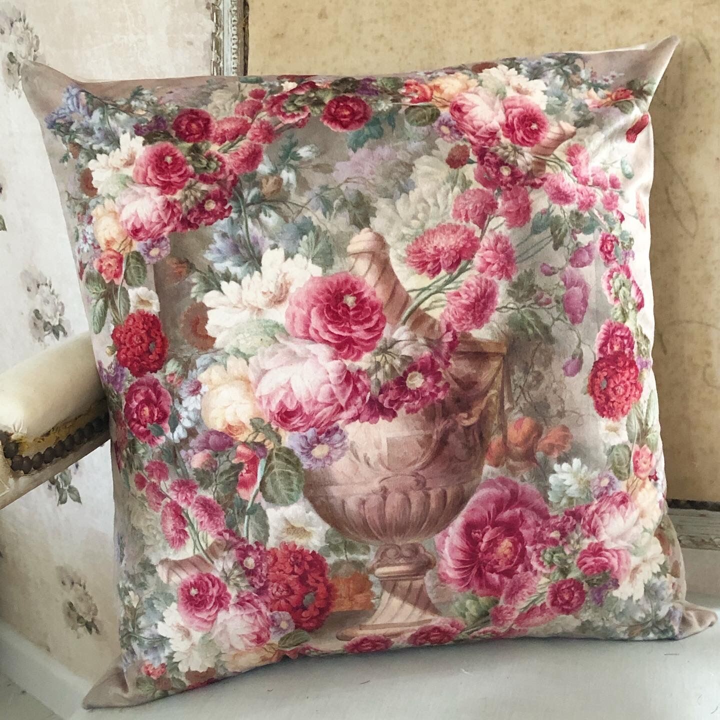 Velvet Square Cushion Pink Roses