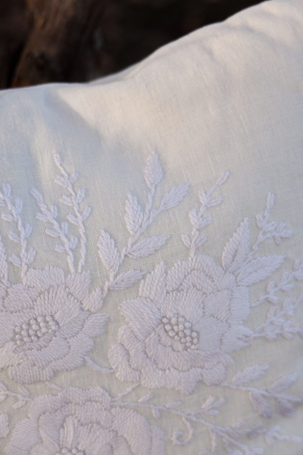 Femme Facon Linen Floral  Embroidered Cushion Ivory Square