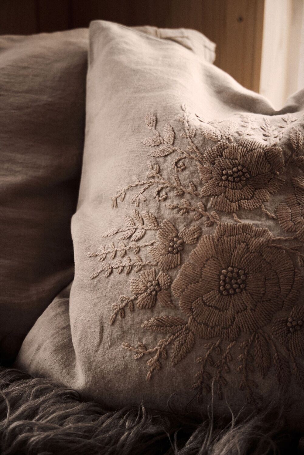 Femme Facon Linen Floral Embroidered Cushion Natural Square