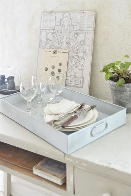 Distressed Pale Zinc Metal Tray with Handles