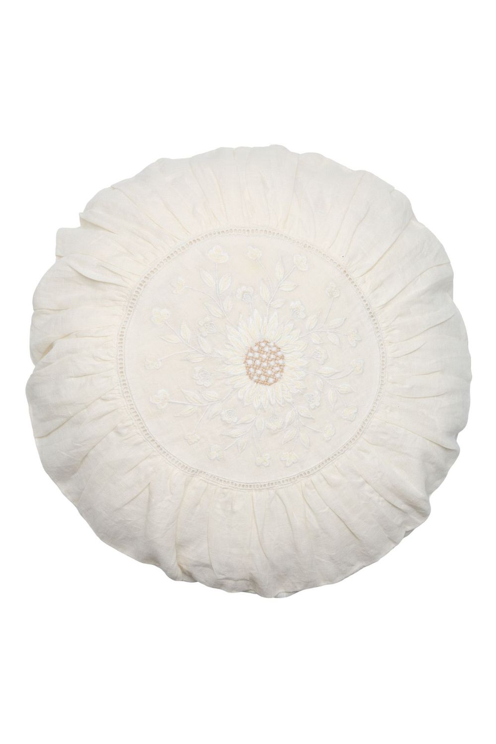 Femme Facon Linen Sunflower Embroidered Round Cushion